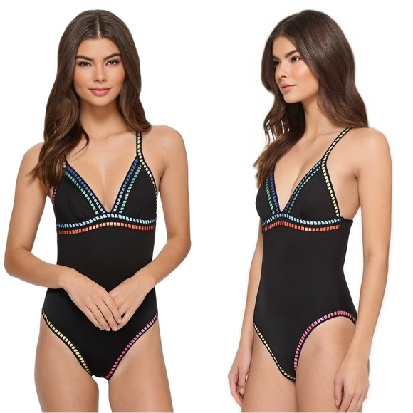 La Blanca V Neck Black Rainbow One Piece Swimsuit Threading Along - Size 4 - Picture 1 of 14